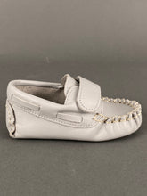 Load image into Gallery viewer, Grey Leather Moccasin Crib Shoe with Velcro Strap
