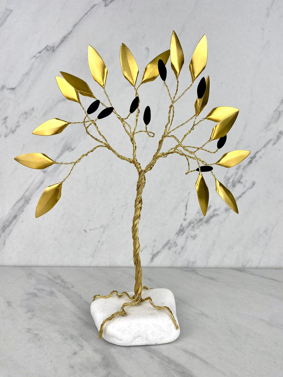 Handle Made Bronze Olive Tree with Gold Leaves and Olives on Marble Ba