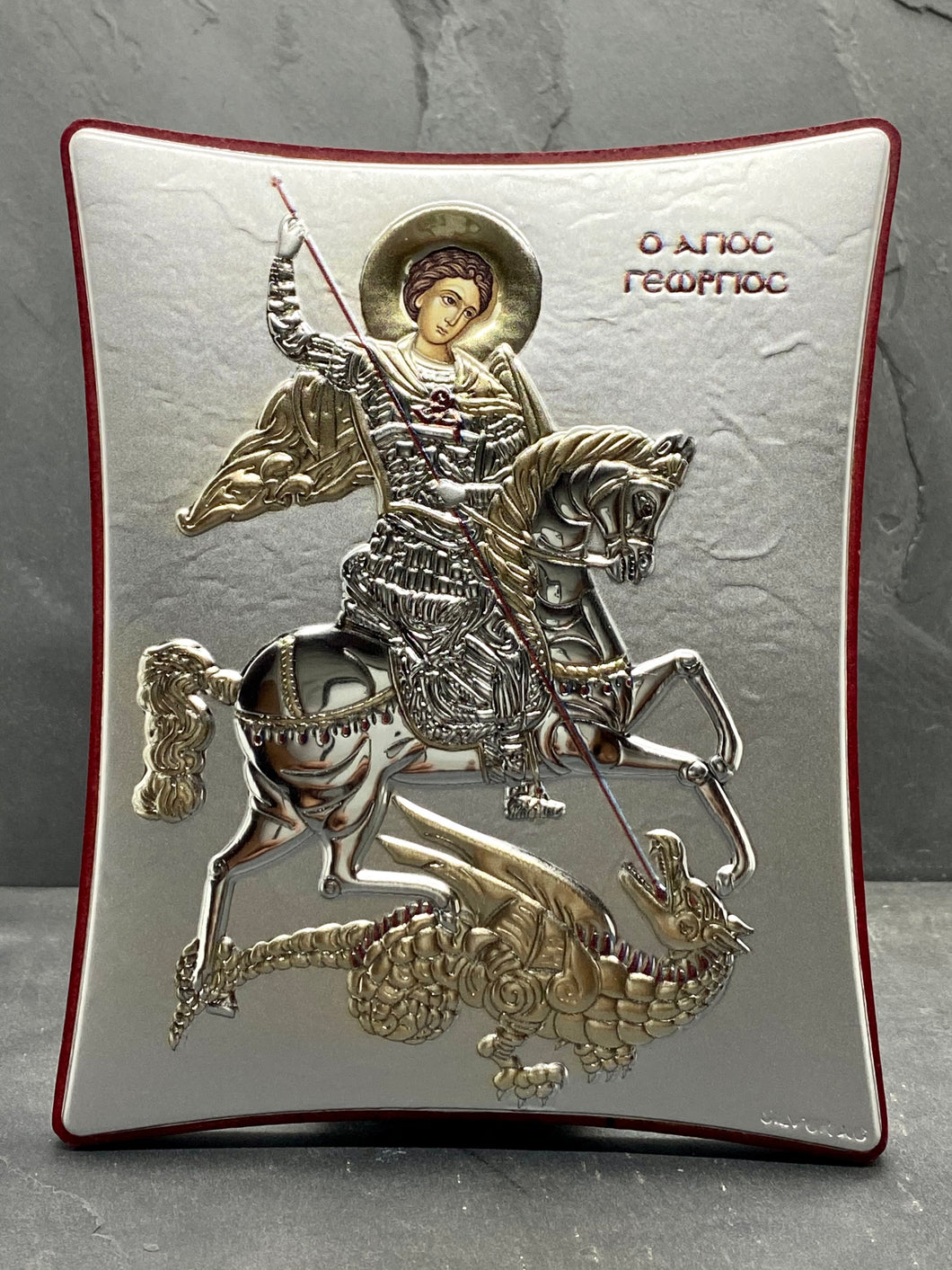 An original copy of Byzantine Holy Icon Agios Georgios made with 925* Silver on Cherry Wood SI26