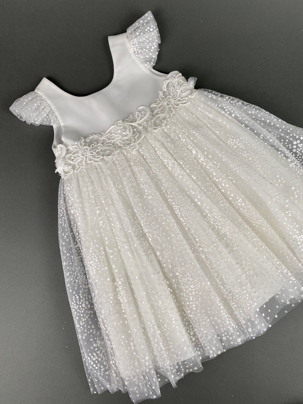 Dress 68 Girls Baptismal Christening Embroidered French Glitter Lace with Cap Sleeves, matching Bolero and Hat. Made in Greece exclusively for Rosies Collections