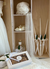 Load image into Gallery viewer, Baptism Package Olive Leaf Theme, Dress with Crochet Bolero and Wooden Chest GBP5