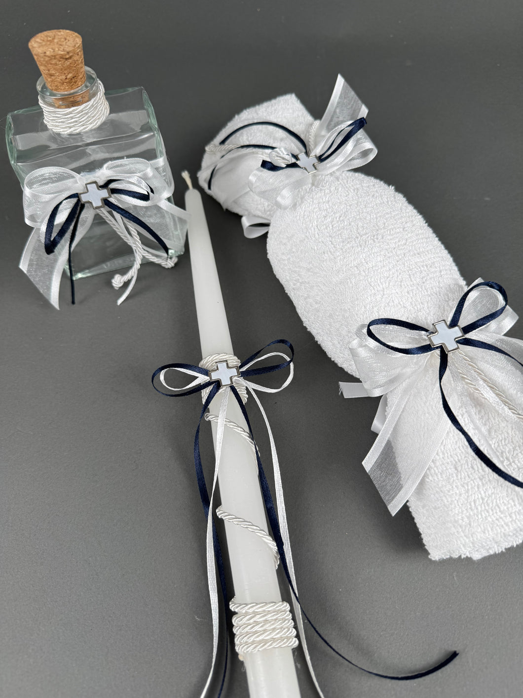 Navy Blue Oil Bottle Set of 3 Candles, Hand Towel with Soap and Oil Bottle OB20350