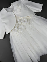 Load image into Gallery viewer, Dress 90 Girls Baptismal Christening Sleeveless Dress with Glitter French lace, accented with Pearl flowers, matching Bolero and Hat. Made in Greece exclusively for Rosies Collections. 202590
