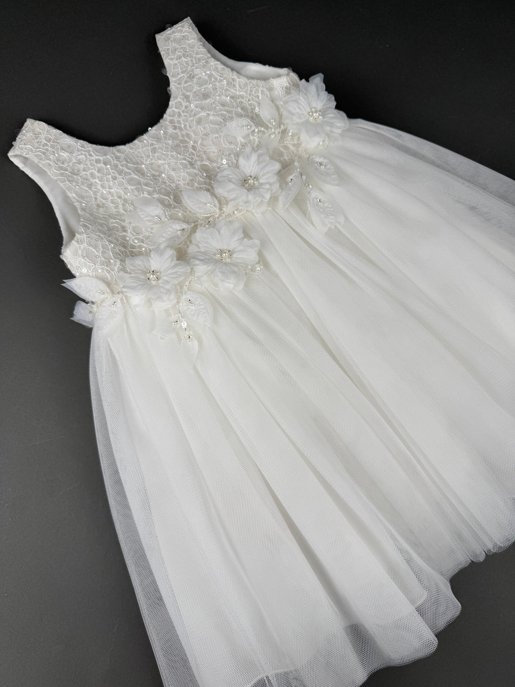 Dress 90 Girls Baptismal Christening Sleeveless Dress with Glitter French lace, accented with Pearl flowers, matching Bolero and Hat. Made in Greece exclusively for Rosies Collections. 202590
