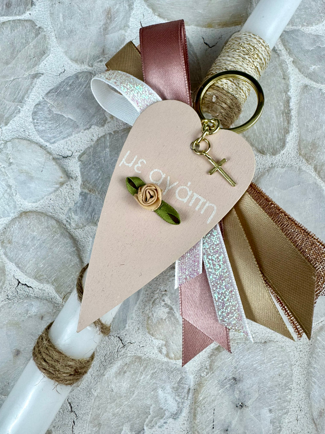 Corded Easter Candle with Hanging Wooden Heart and Cross  EC202524