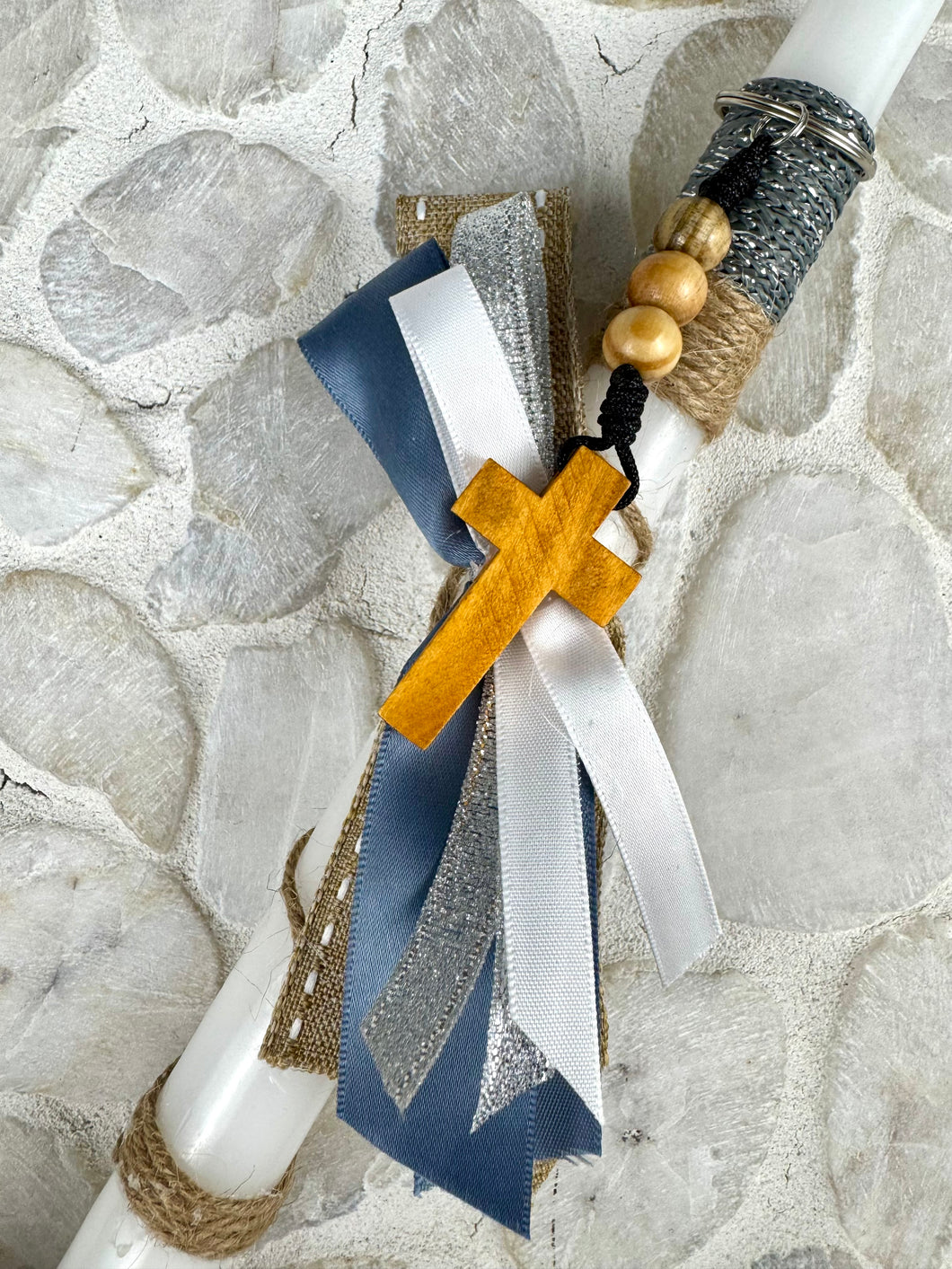Corded Easter Candle with Wooden Beaded Cross  Keychain EC202528