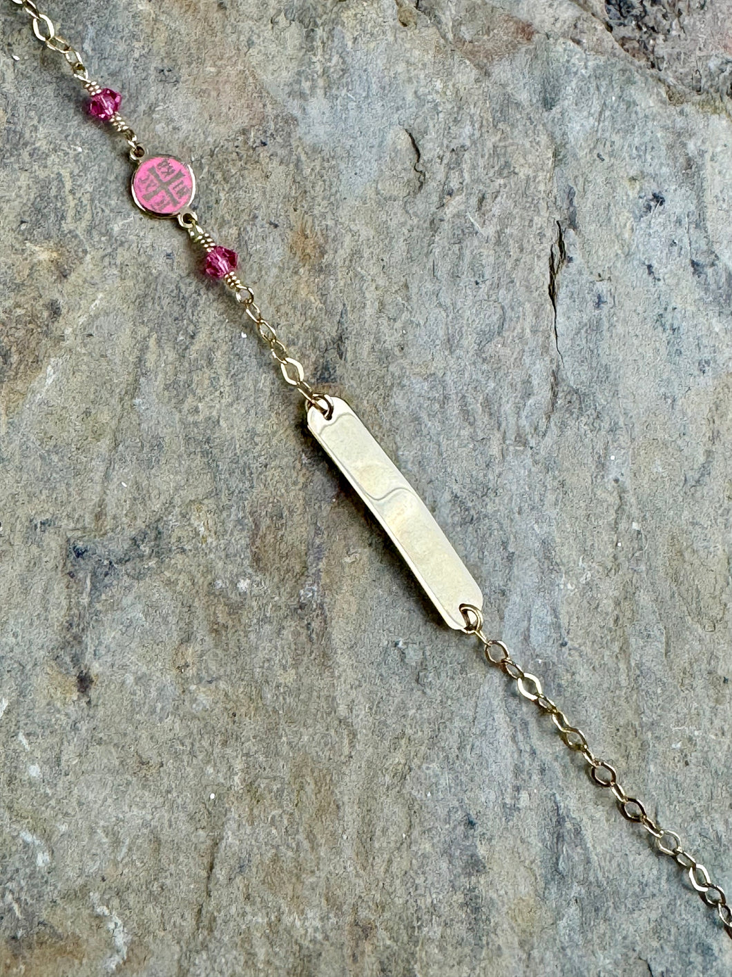 14K Yellow Gold I.D Bracelet with Pink Beads and Konstantinato GCB14