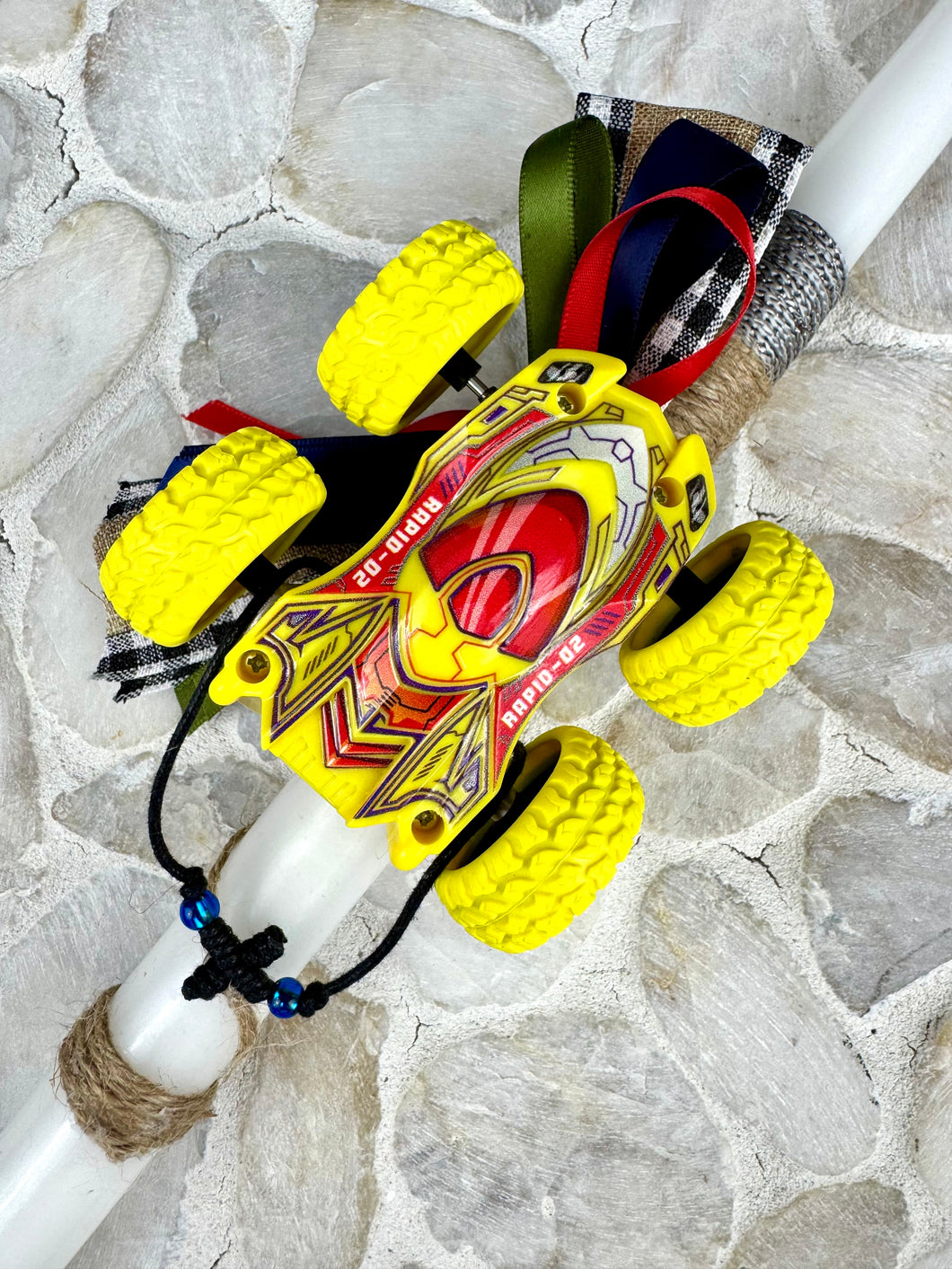 Corded Easter Candle with Pull Back Race Car and Cross Bracelet EC20251