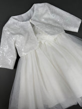Load image into Gallery viewer, Dress 77 Girls Baptismal Christening Sleeveless Dress with Sequence  French lace, matching Bolero and Hat. Made in Greece exclusively for Rosies Collections. 202577
