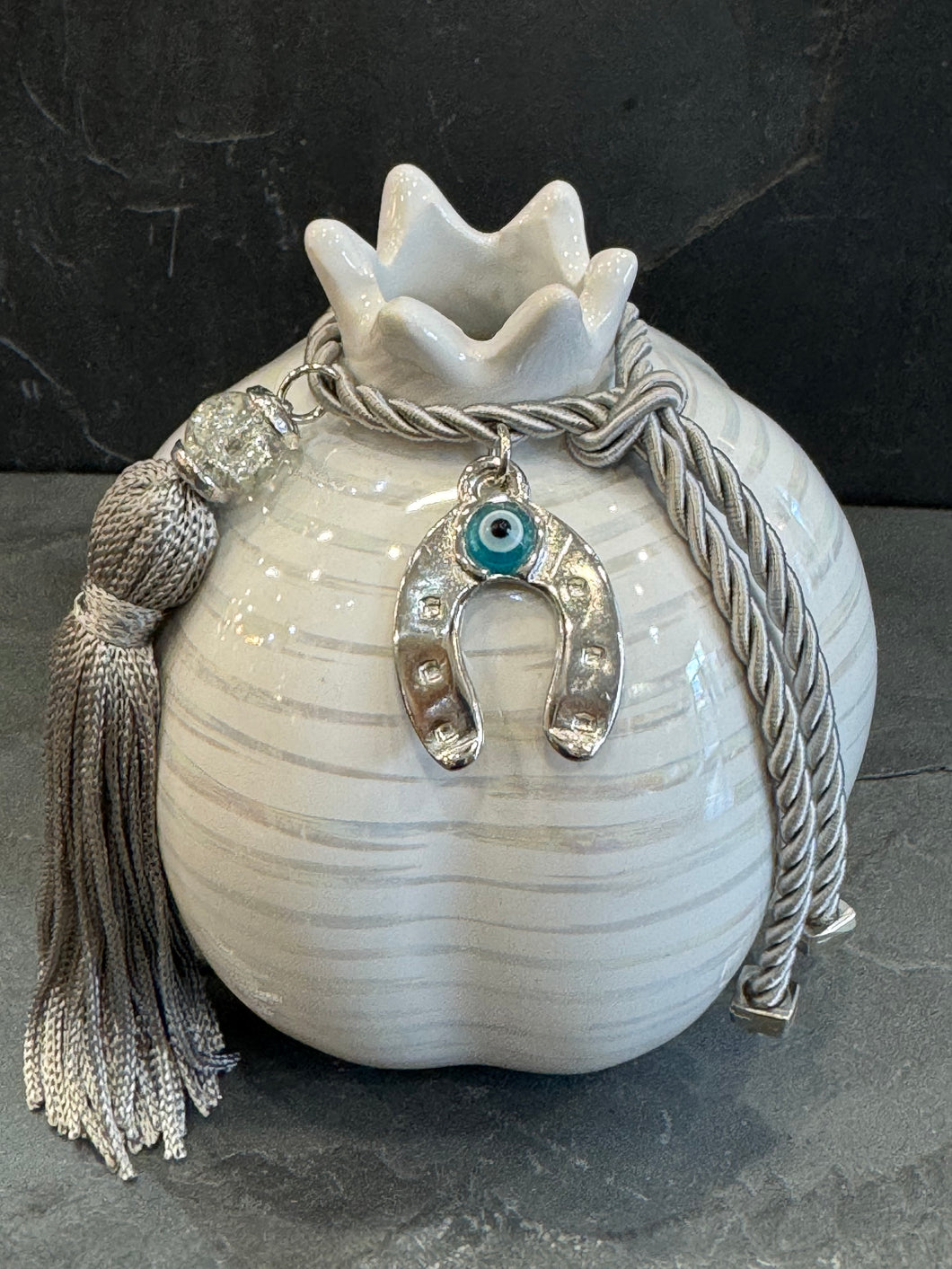 Table Top Ceramic Pomegranate White with Silver Accents P2601