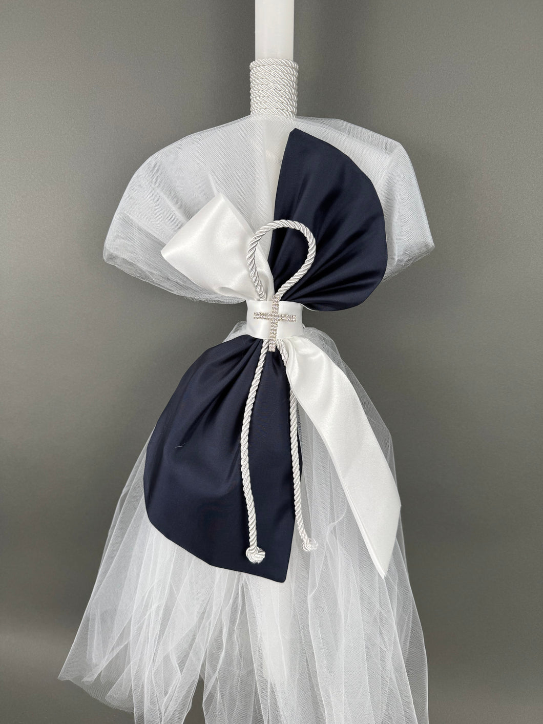 White with Navy Blue 32” baptism Candle with Rhinestone Cross Broach BL20253
