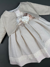 Load image into Gallery viewer, Dress 96 Girls Baptismal Christening Sleeveless Dress, accented with Pearl flowers, matching Bolero. Made in Greece exclusively for Rosies Collections. 202596
