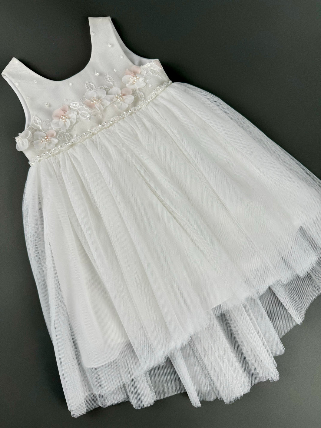 Dress 108 Girls Baptismal Christening Sleeveless  Dress with Accented with Flowers, matching Bolero and Hat. Made in Greece exclusively for Rosies Collections. 2025106