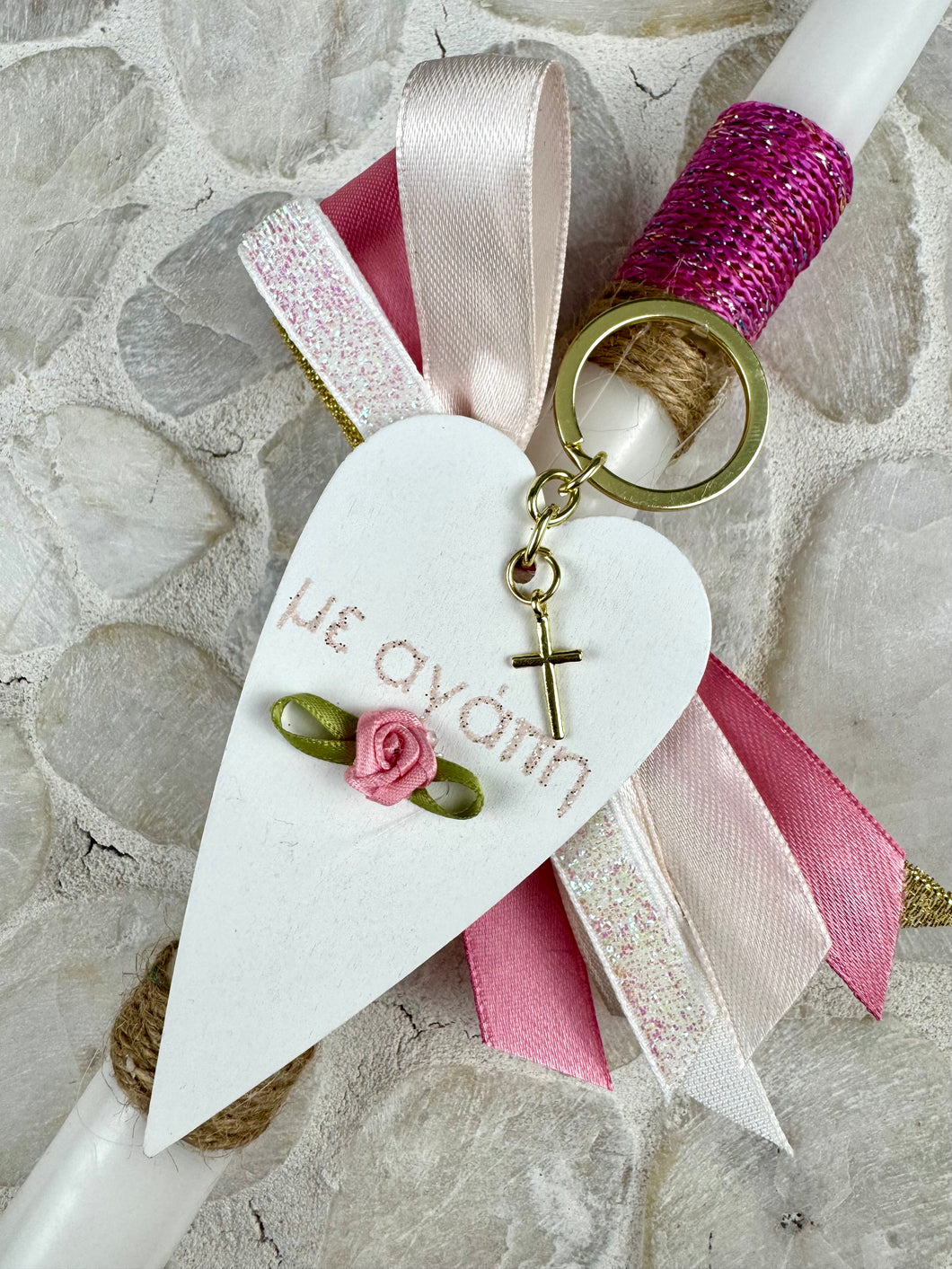 Corded Easter Candle with Hanging Wooden Heart and Cross EC202529