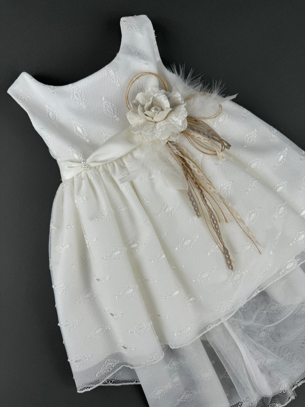 Dress 93 Girls Baptismal Christening Sleeveless Dress  lace, accented with Pearl flower, matching Bolero and Hat. Made in Greece exclusively for Rosies Collections. 202593