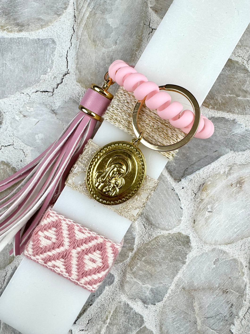 Corded Greek Easter Candle with Panagia Keychain and Large Tassel Wristlet EC202559