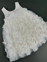 Load image into Gallery viewer, Dress 110 Girls Baptismal Christening Sleeveless  Dress with Accented with Flowers, matching Bolero and Hat. Made in Greece exclusively for Rosies Collections. 2025110
