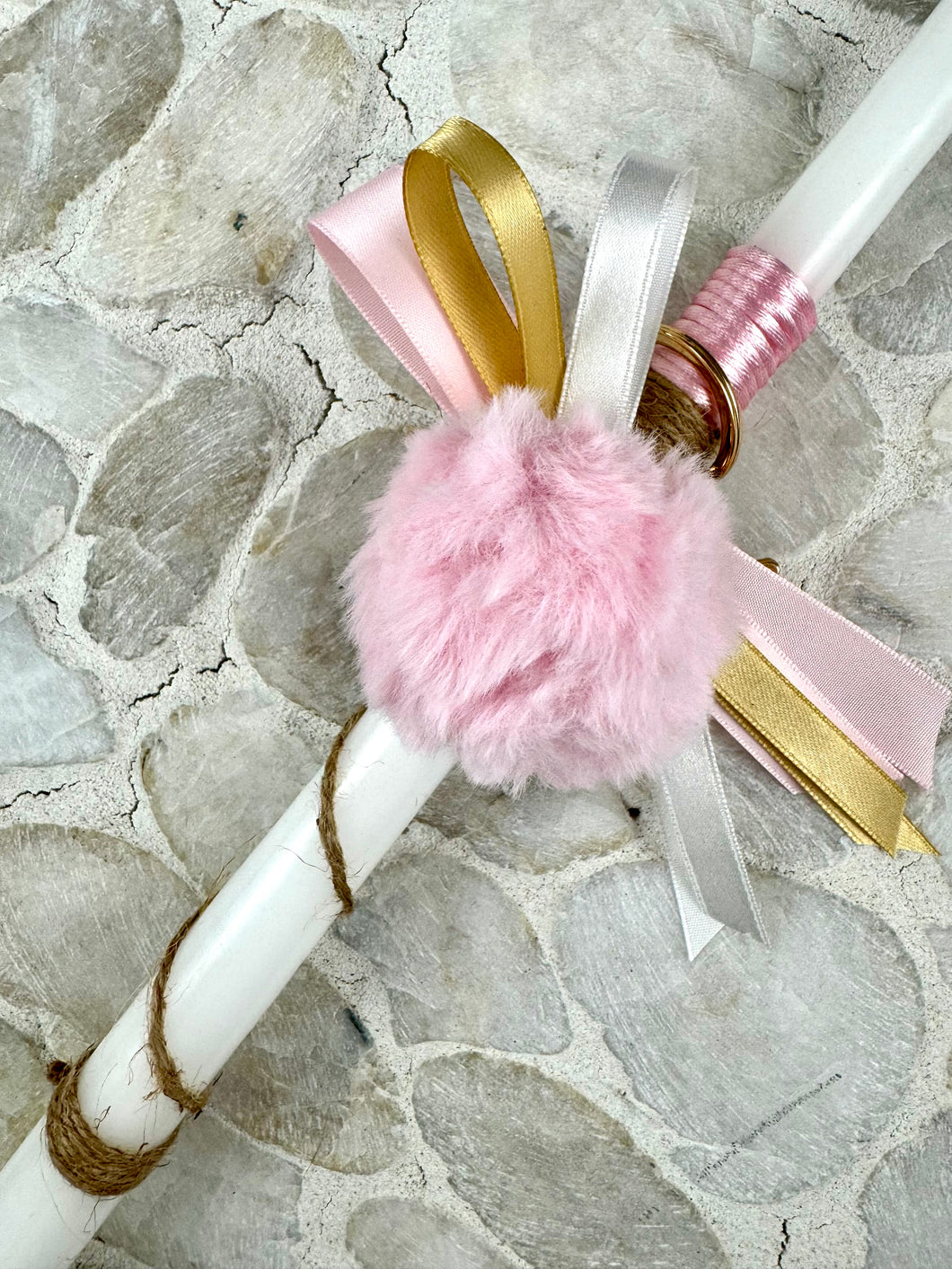Corded Easter Candle with Soft Pink Pompom Keychain and Konstantinato Charm  EC2024211