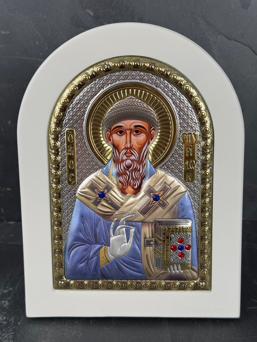 An original copy of Byzantine Agios Spiridon made with 925* Silver on White Wood S254