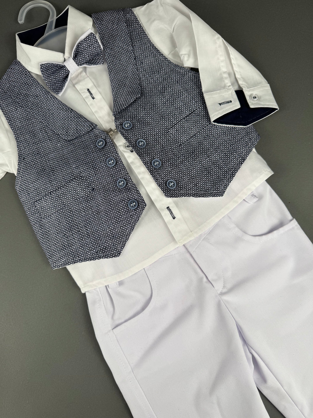 Rosies Collections 7pc full suit, Trimmed Dress shirt, Cuff sleeves, Pants, Jacket, Vest, Belt, Cap. Made in Greece exclusively for Rosies Collections S201924