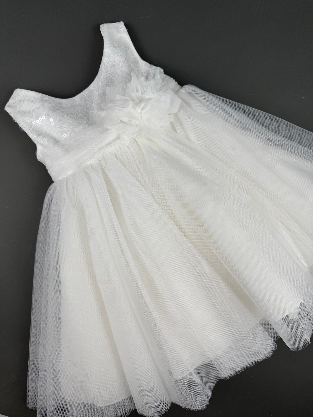 Dress 77 Girls Baptismal Christening Sleeveless Dress with Sequence  French lace, matching Bolero and Hat. Made in Greece exclusively for Rosies Collections. 202577