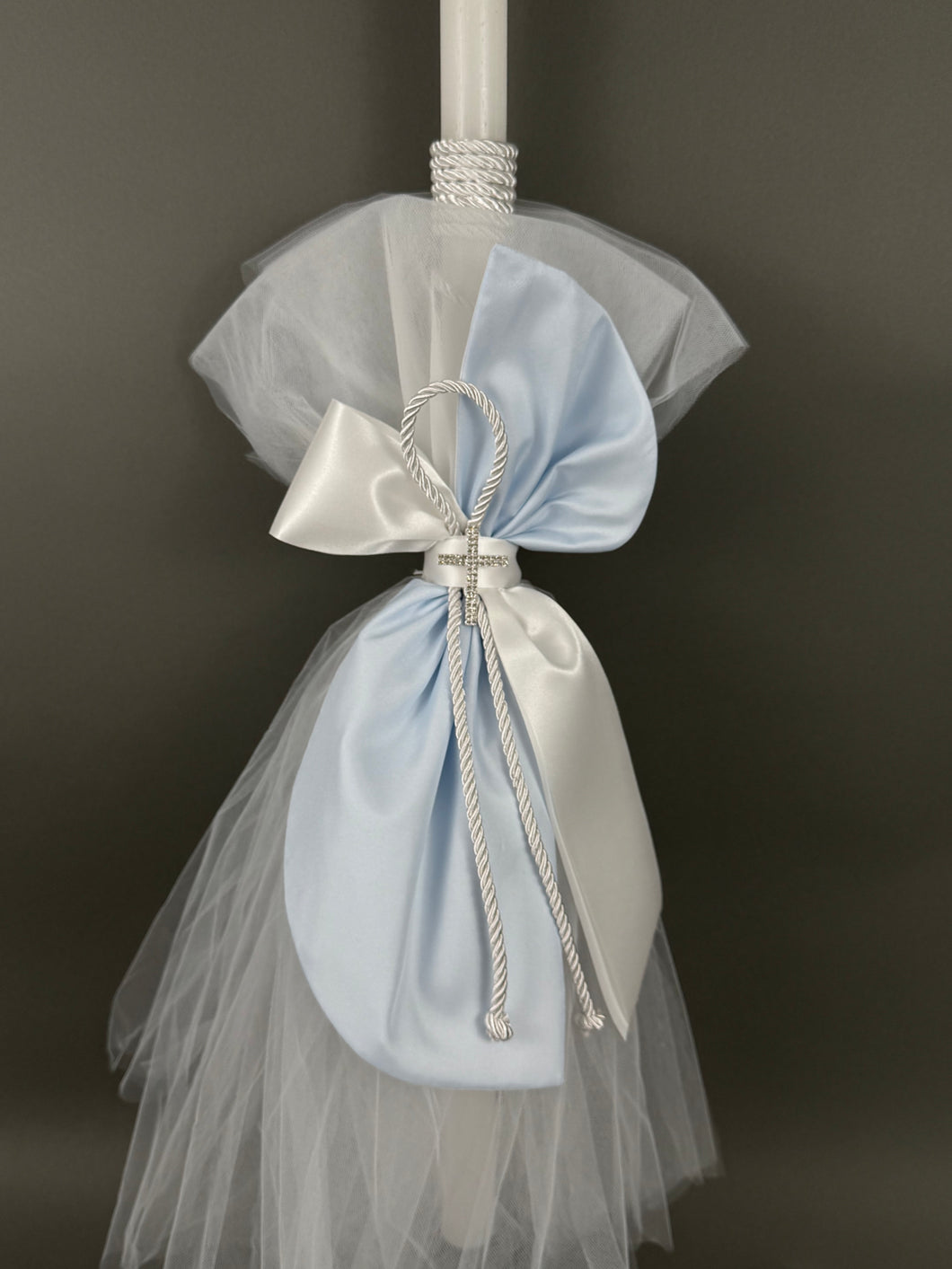 White with Baby Blue 32” baptism Candle with Rhinestone Cross Broach BL20251