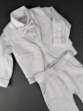 Load image into Gallery viewer, Rosies Collections 7pc All White suit Pants, Vest, Dress Shirt, Bow Tie, Belt, Blazer and Hat, made in Greece exclusively for Rosies Collections S202555
