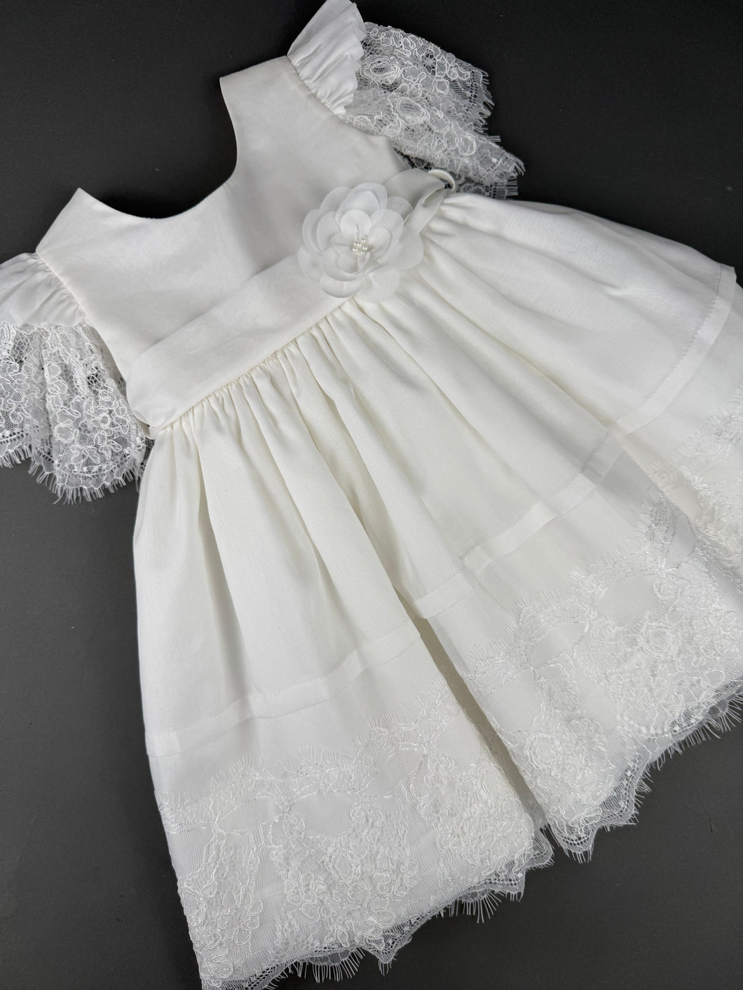Dress 91 Girls Baptismal Christening French lace, Dress with matching Bolero and Hat. Made in Greece exclusively for Rosies Collections. 202591