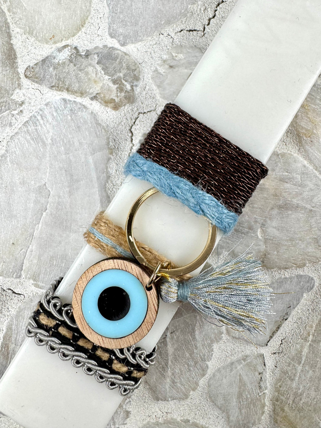 Corded Greek Easter Candle with Wooden Mati Keychain EC202551