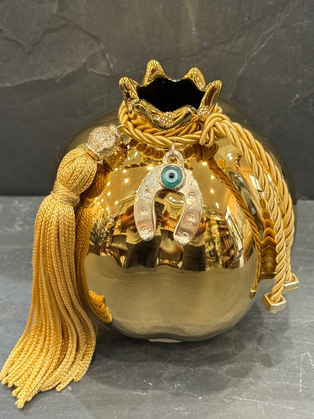 Table Top Ceramic Pomegranate Gold with Gold  Accents P2607