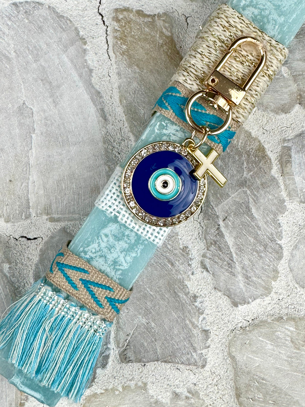 Corded Greek Easter Candle Mati Keychain with Cross EC202573