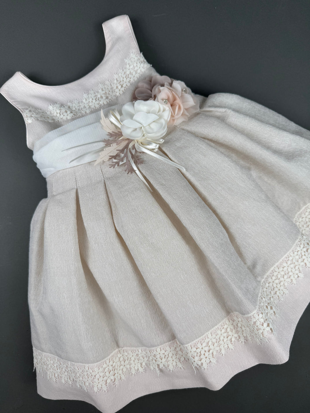 Dress 96 Girls Baptismal Christening Sleeveless Dress, accented with Pearl flowers, matching Bolero. Made in Greece exclusively for Rosies Collections. 202596