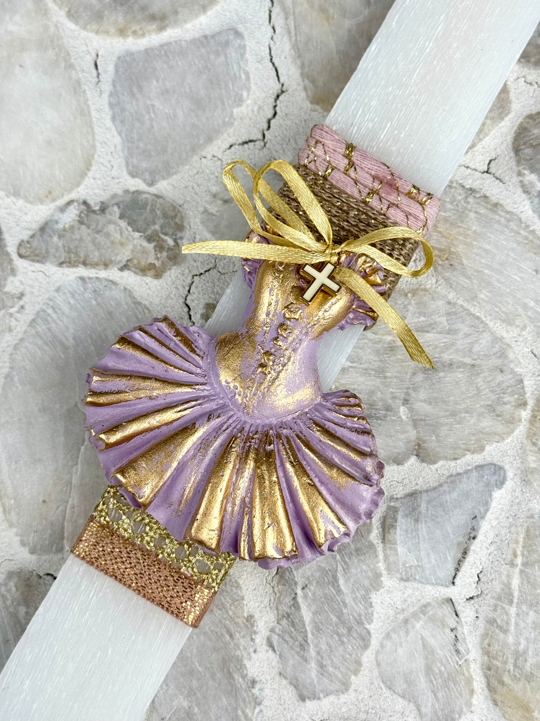 Corded Greek Easter Candle with Ceramic Ballerina and Cross EC202570