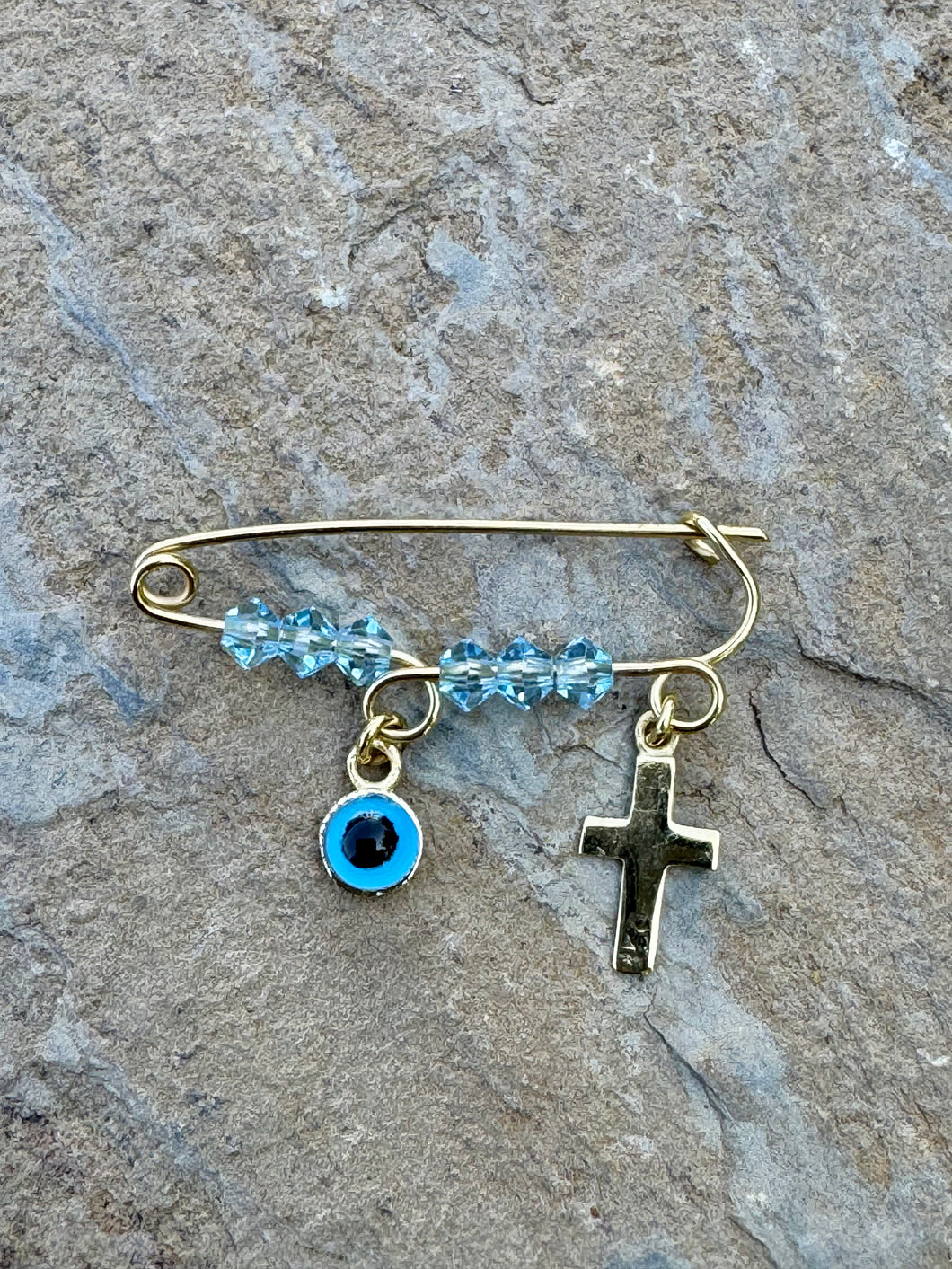 14k Yellow Gold Beaded Filaxto Pin with Cross and Mati Pendants GP202522