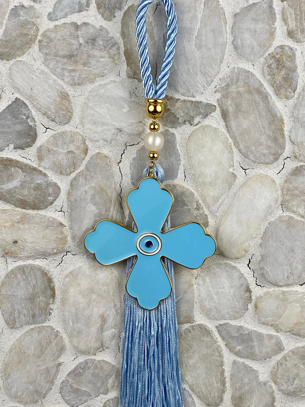 Gouri 20212 Baby Blue Cord Large Cross With Glass Bead and Extra Long Tassel