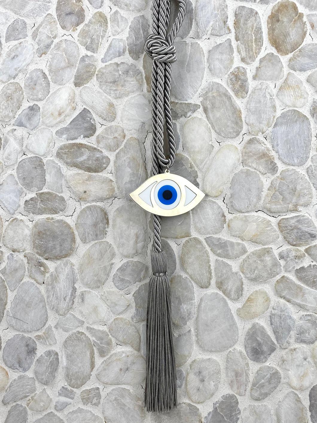 Pearl Grey Rope Evil Eye  with tassel Gouri 202115  measures 22”  in length