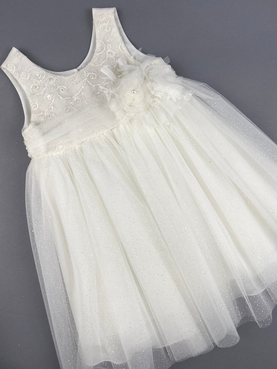 Dress 61 Girls Baptismal Christening Dress with French lace sequence top and glitter skirt, matching Bolero and Hat. Made in Greece exclusively for Rosies Collections.