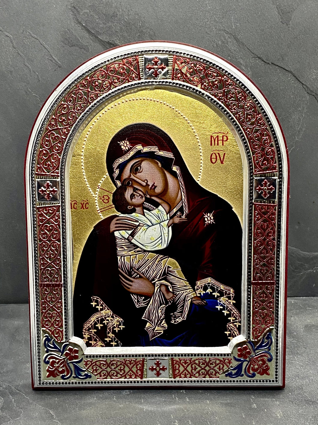 An original copy of Byzantine Holy Icon made with 925* Silver on Cherry Wood  SI18