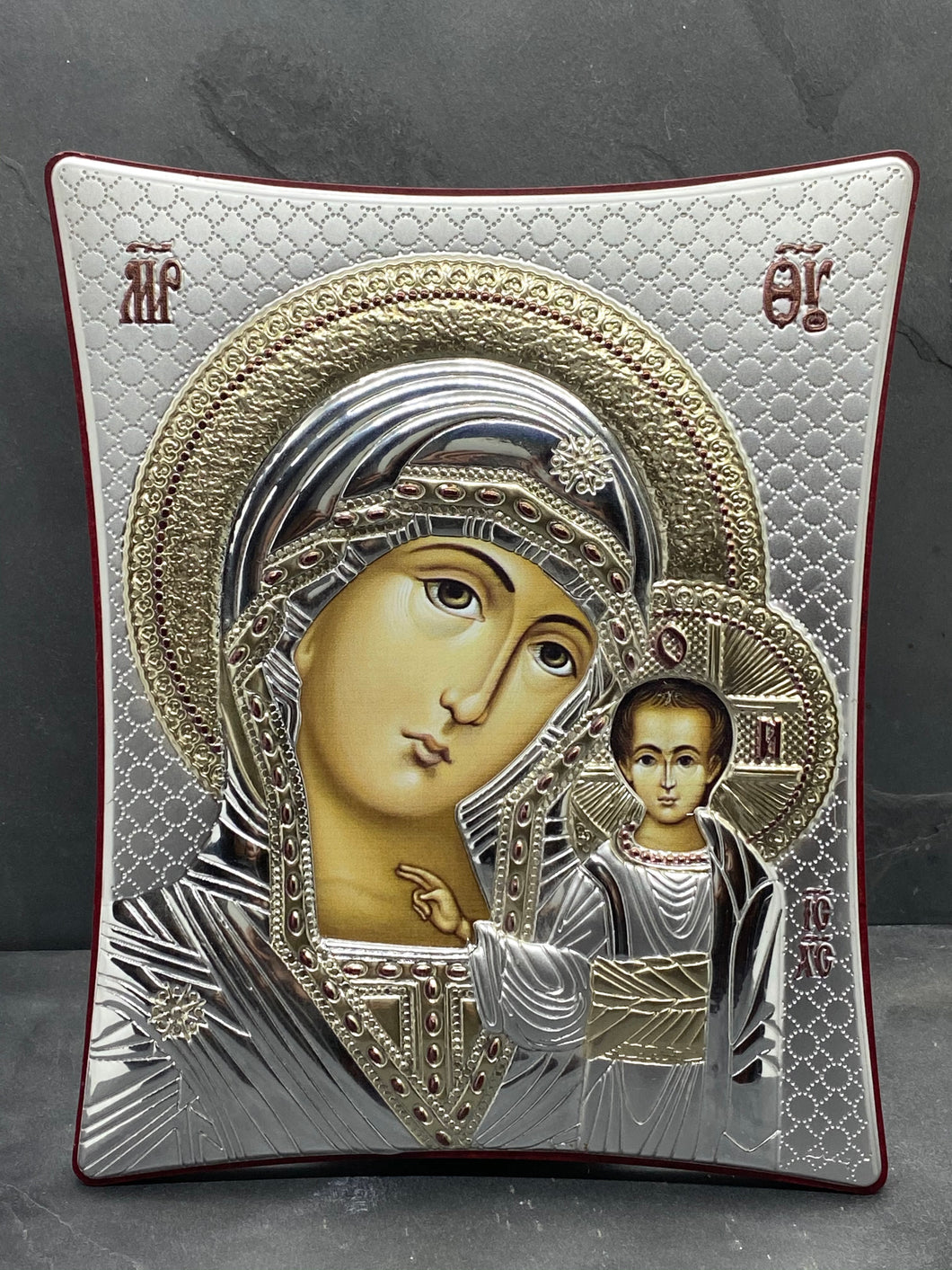 An original copy of Byzantine Holy Icon Kazanstan made with 925* Silver on Cherry Wood  SI16