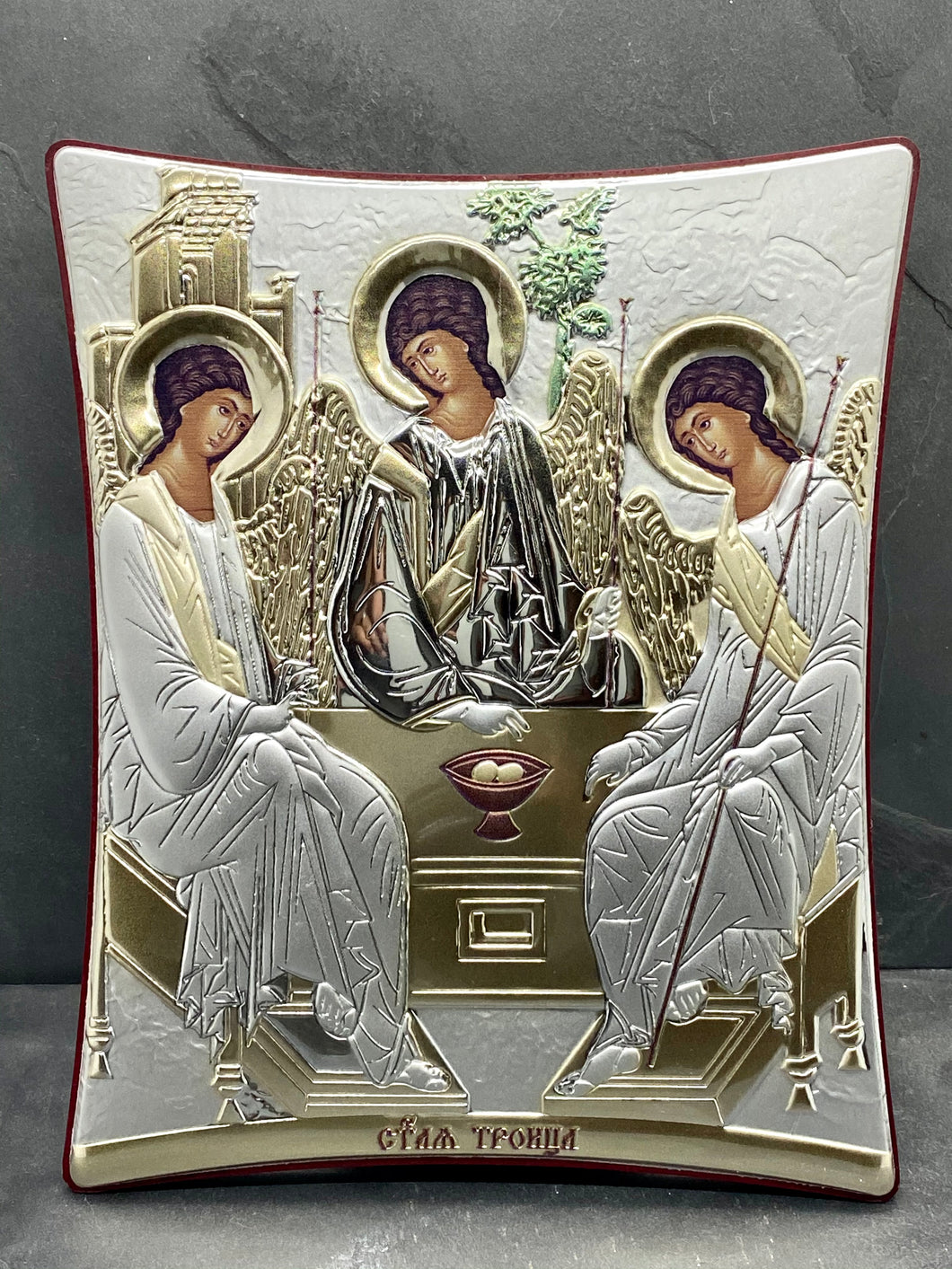 An original copy of Byzantine Holy Icon The Holy Trinity Agia Triatha made with 925* Silver on Cherry Wood  SI15