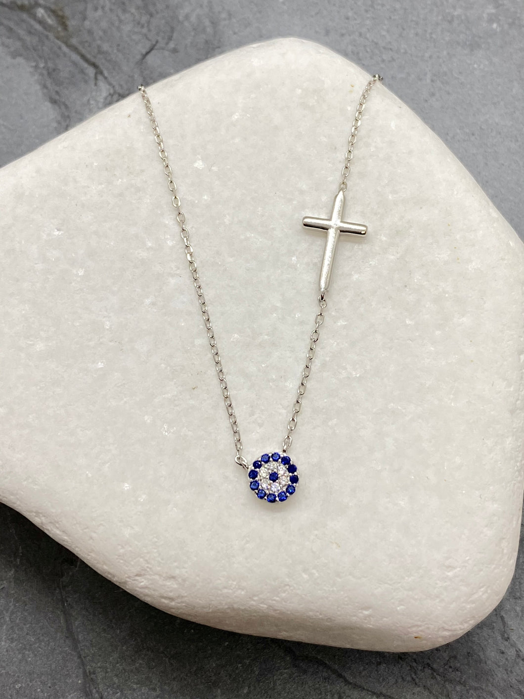 925” Sterling Silver Evil Eye Mati with Rhinestones and Cross Necklace SN6