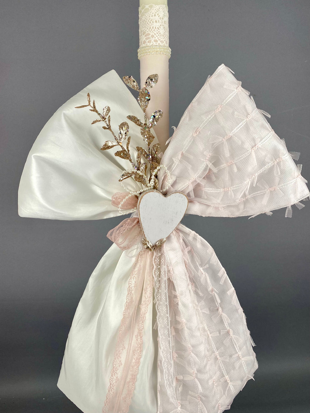 Wrapped Baptismal Candle with White and Dusty Rose Fabrics, Glitter Rose Gold Leaves with Pearls and Wooden Heart GC202214