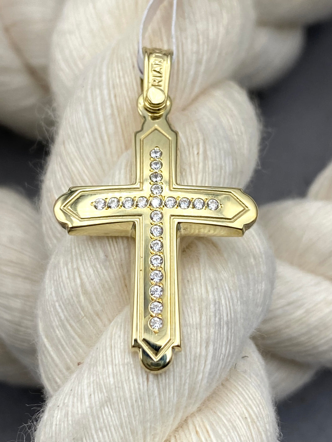 Triantos 14k Yellow Gold Cross Polished and Brushed with Precious Stones 222509