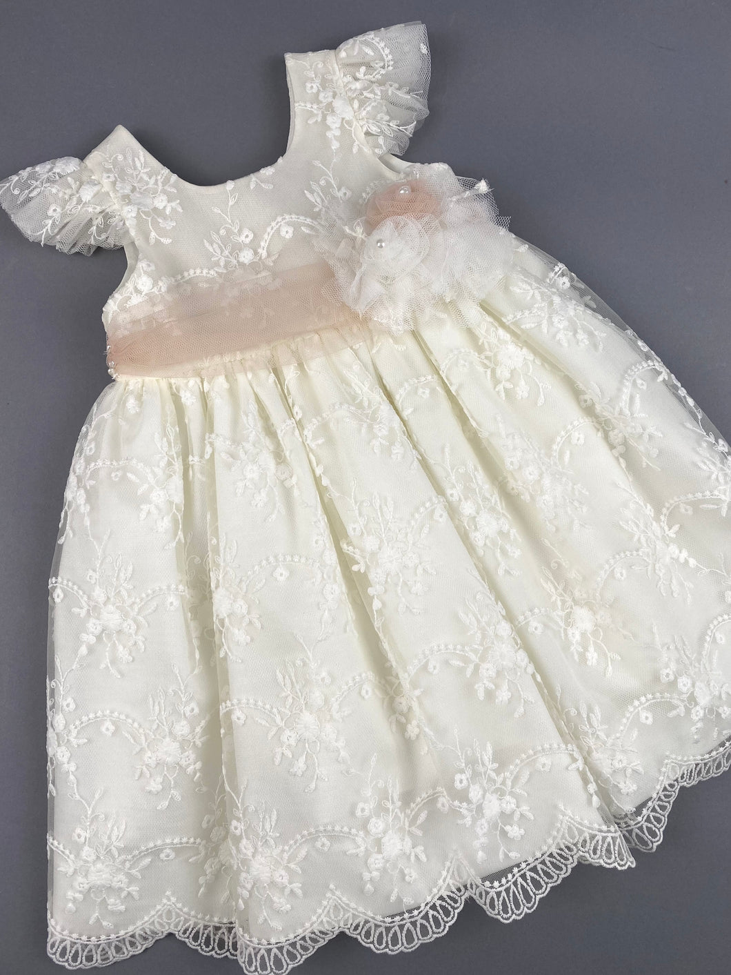 Dress 57 Girls Baptismal Christening Cap Leave  French Lace Dress, with matching Bolero and Hat. Made in Greece exclusively for Rosies Collections.