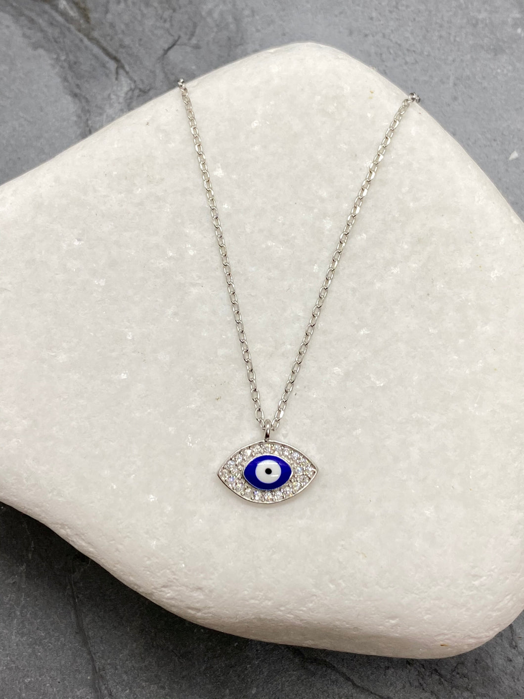 925” Sterling Silver Evil Eye Mati Necklace with Rhinestones SN9