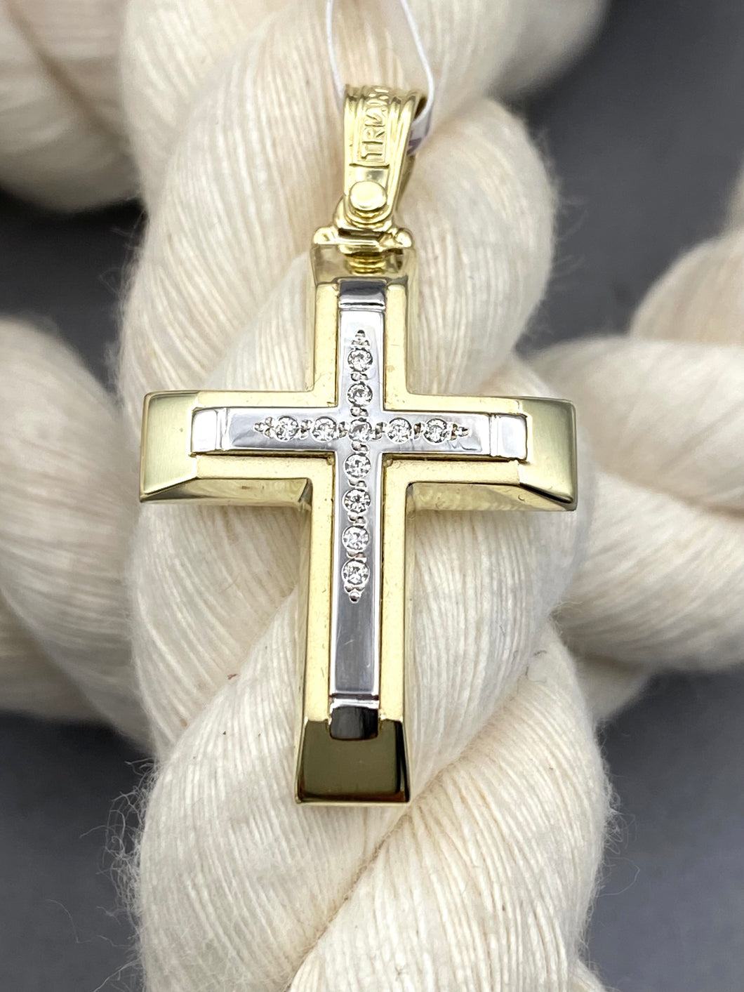 Triantos 14k 2 Tone White and Yellow Gold Cross Polished  and Brushed with Precious Stones 4.15g 222552