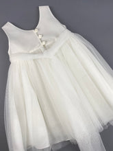 Load image into Gallery viewer, Dress 61 Girls Baptismal Christening Dress with French lace sequence top and glitter skirt, matching Bolero and Hat. Made in Greece exclusively for Rosies Collections.
