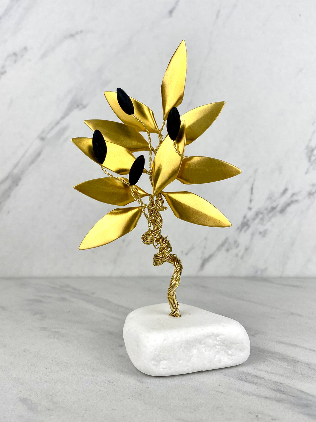 Handle Made Bronze Olive Tree with Gold Leaves and Olives on Marble Base T01043