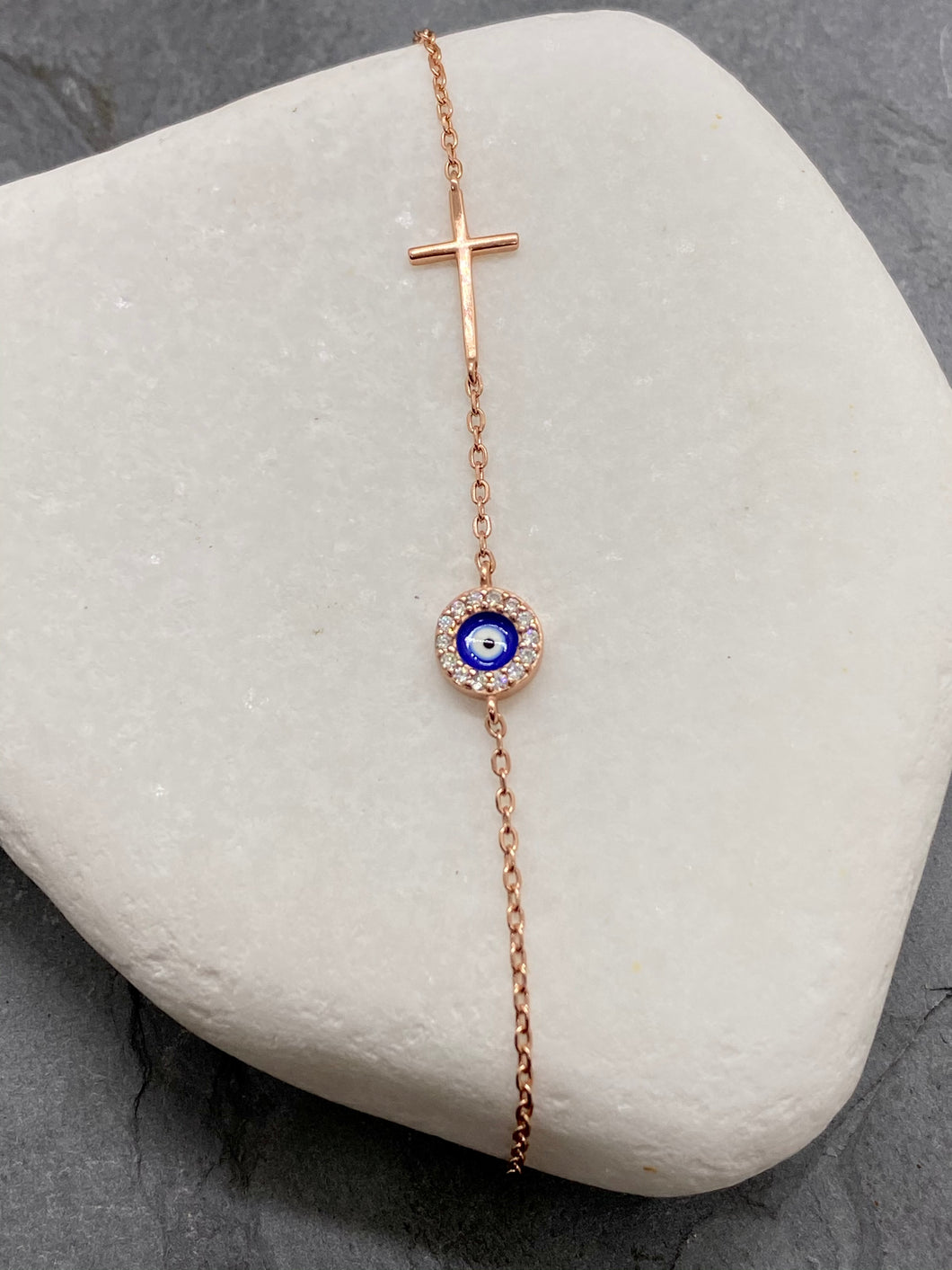 925” Sterling Rose Gold Evil Eye Mati Bracejet with Rhinestone and Cross RB1