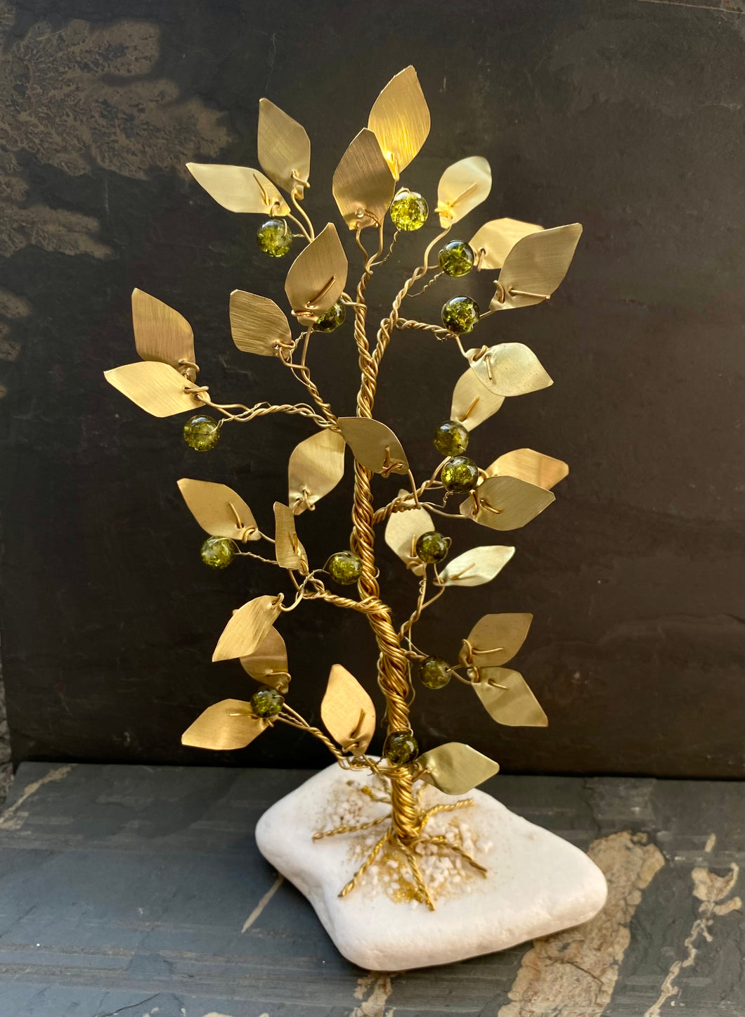 Hand Made Hammered Bronze Olive Leaf Tree with Green Murano Glass on Marble Base OTH4